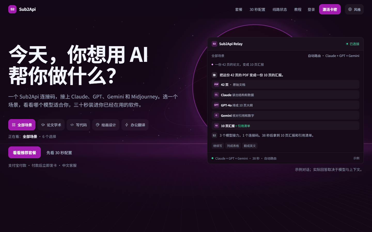 Neon Horizon 背景下的 Sub2Api 首页首屏